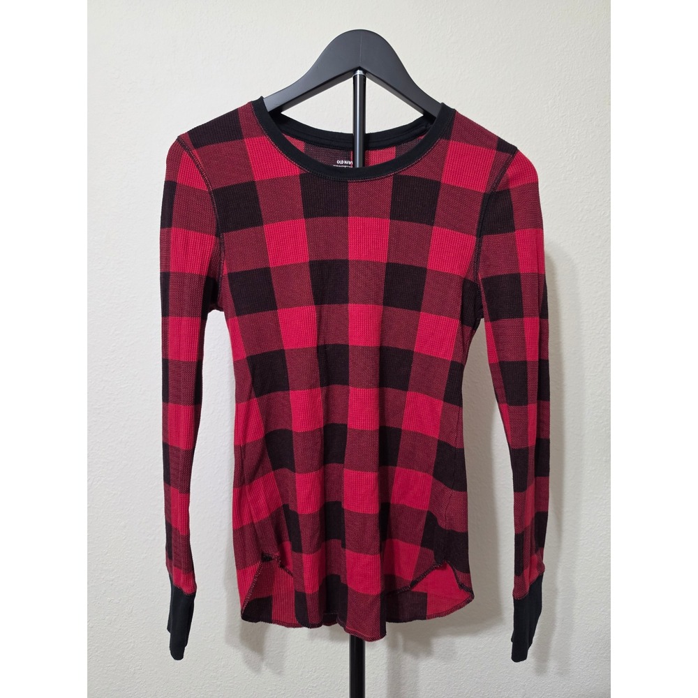 Old Navy Womens Red Black Buffalo Plaid Thermal Waffle Knit Top M Long Sleeve